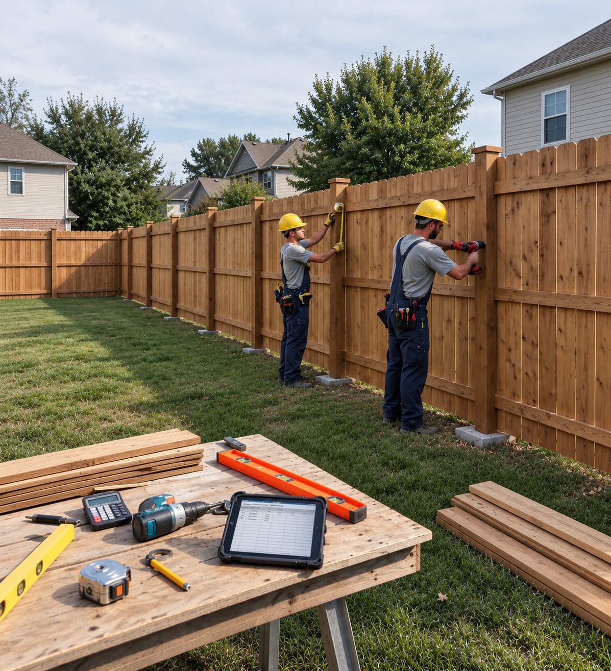 Newly installed cedar fence around a residential backyard