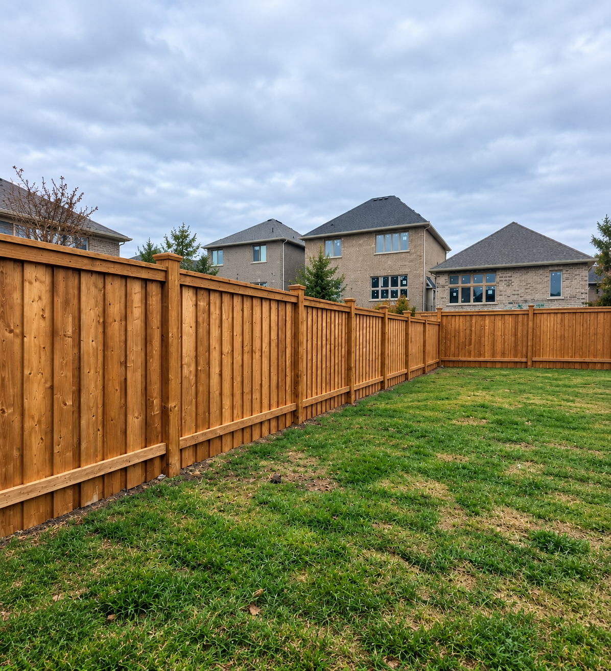 Tall cedar privacy fence enclosing a backyard patio